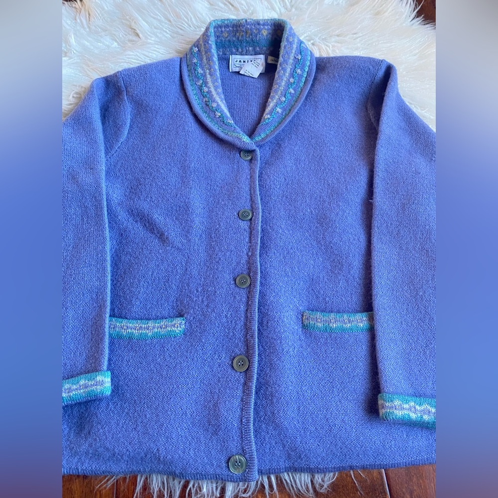 Jantzen 100% Wool Hand Embroidered Shawl Cardigan, Color Periwinkle, Size L - Picture 10 of 11